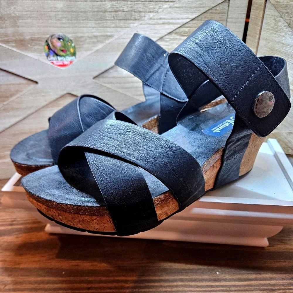 Natural Boho Wedge Chunky Sandals Wmn Sz 8 Black Cork Strappy Ankle Strap #560